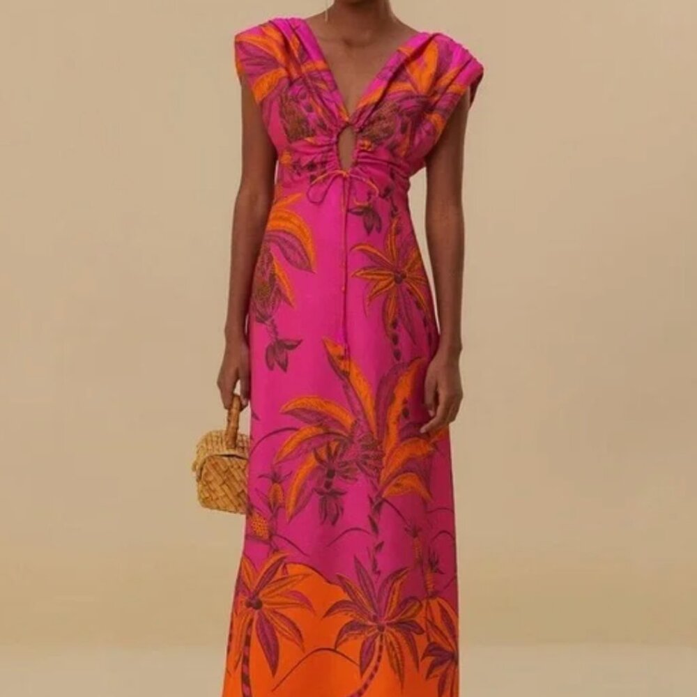 NWT FARM Rio Hot Pink & Orange Forest Beach Palm-Print Maxi Dress Size Medium